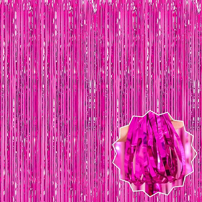 6 Pack Fuchsia Foil Fringe Curtains Backdrop, 3.28 x 8.2 Ft Metallic Streamers by LANTIANCHEN