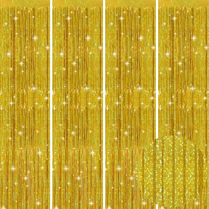 Picoway 4 Pack Gold Foil Fringe Tinsel Backdrop Curtains, Birthday Engagement by Picoway