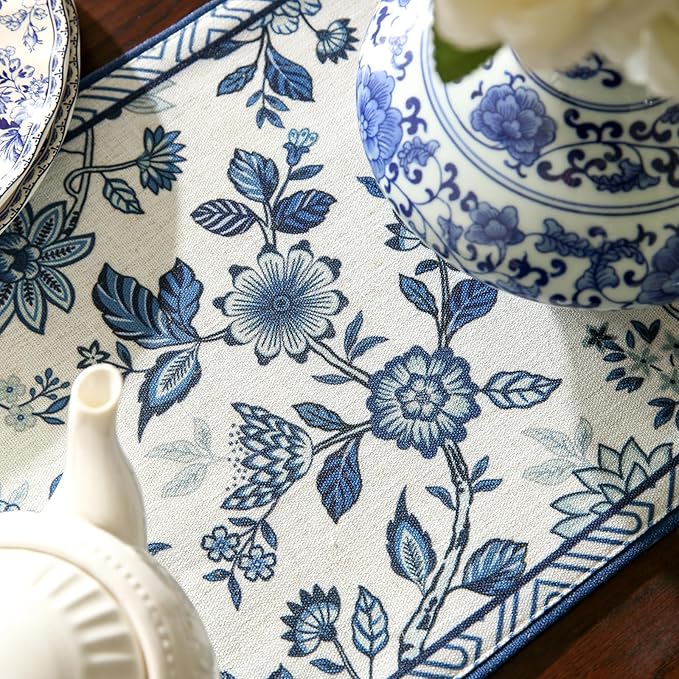 Decorative Small Linen Table Runner 63 Inches Long, Chinoiserie Blue Floral - Image 3