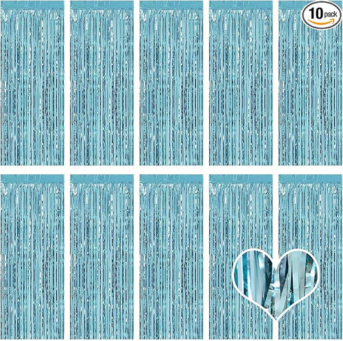 10 Pack Blue Backdrop Curtain 3.2ft x 8.2ft Metallic Tinsel Foil Fringe by Ohiyoo