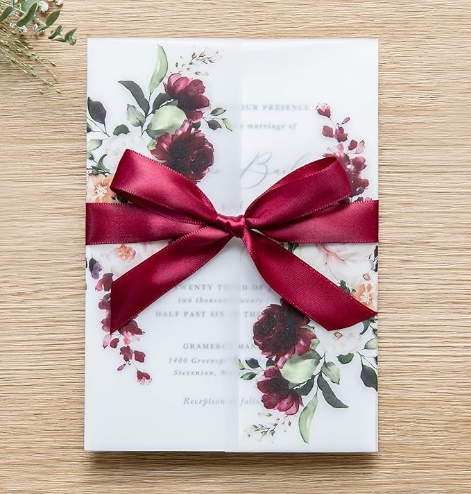 PONATIA 50 PCS Vellum Jackets for 5x7 Invitations- 135gsm Burgundy Floral - Image 6