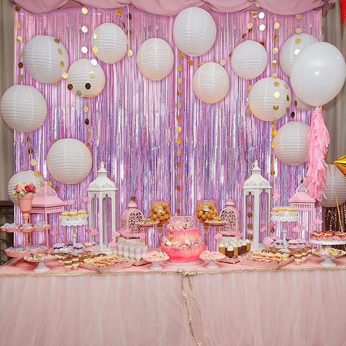 Crosize 2 Pack 3.3 x 9.9 ft Laser Pink Foil Fringe Backdrop Curtain, Streamer - Image 4