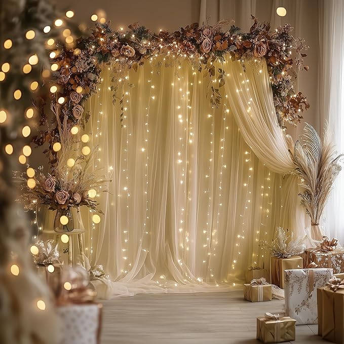 Tulle Backdrop Curtain with Lights String 30 X 10FT Champagne Sheer Tulle - Image 6