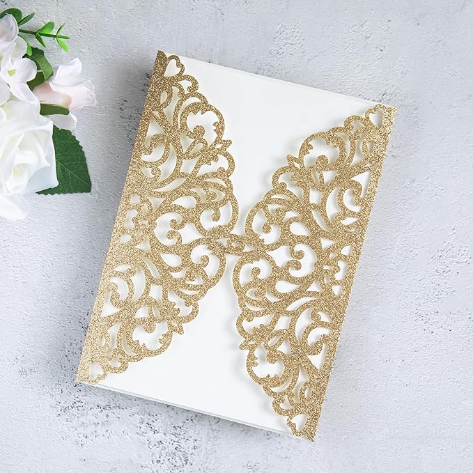 20Pcs Gold Glitter Laser Cut Invitation Cards - Image 4