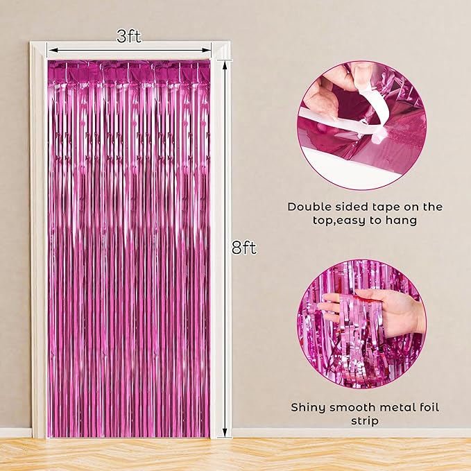 BTSD-home 4 Pack Pink Fringe Curtain, Metallic Photo Booth Backdrop Tinsel Door - Image 2
