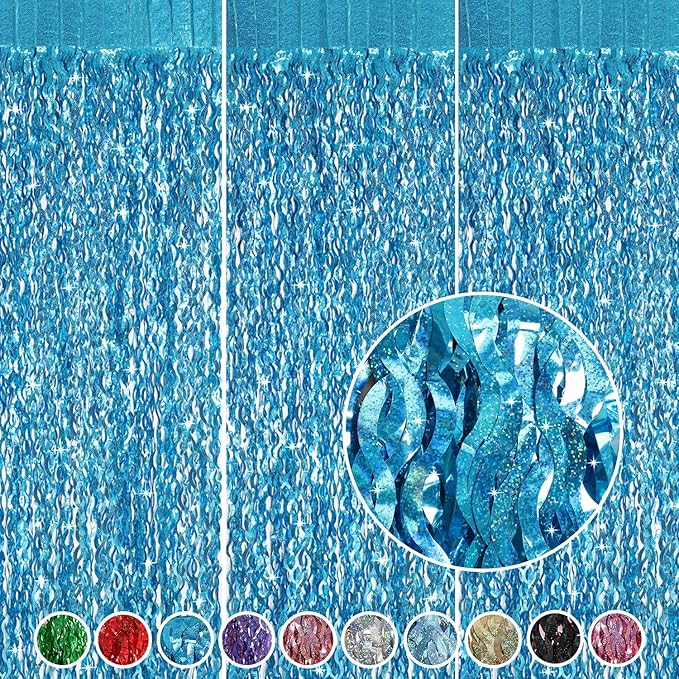 3 Pack 3.3 ft x 6.6 ft Teal Foil Fringe Curtains by CYLMFC