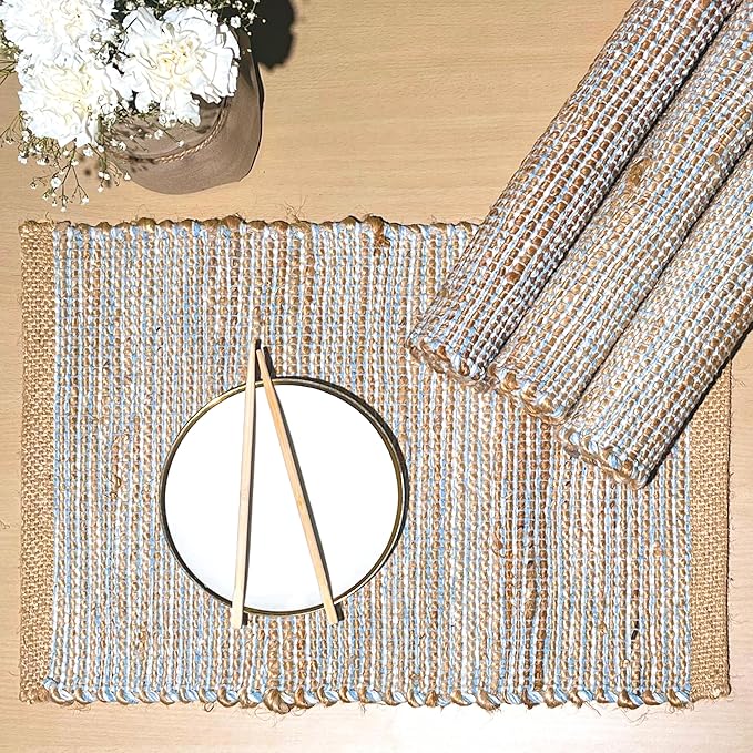 Chardin Home Natural Jute & Sky Blue-White Placemats, 13x19 in Dining Table by ChardinHome