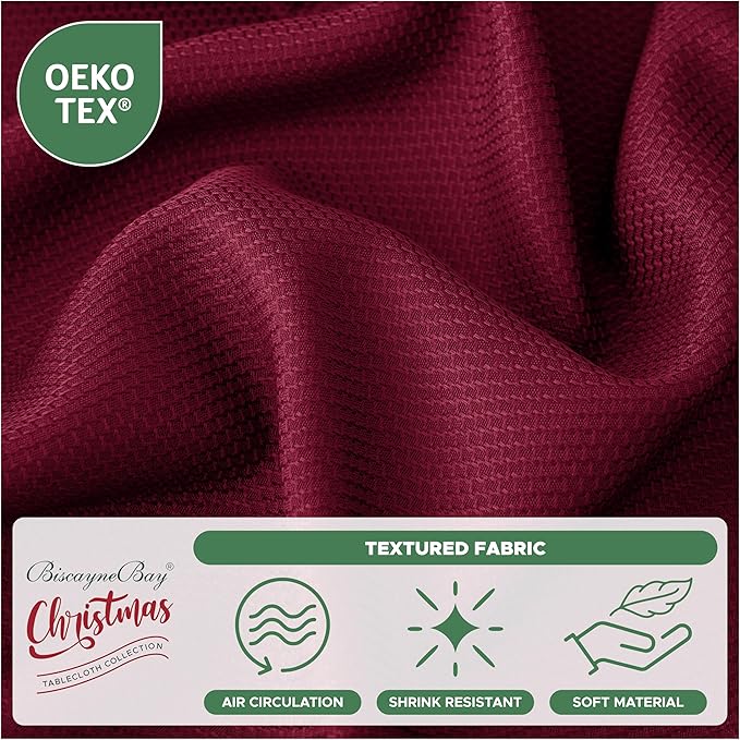 Biscaynebay Textured Fabric Round Christmas Table Cloths 108", Burgundy Water - Image 5