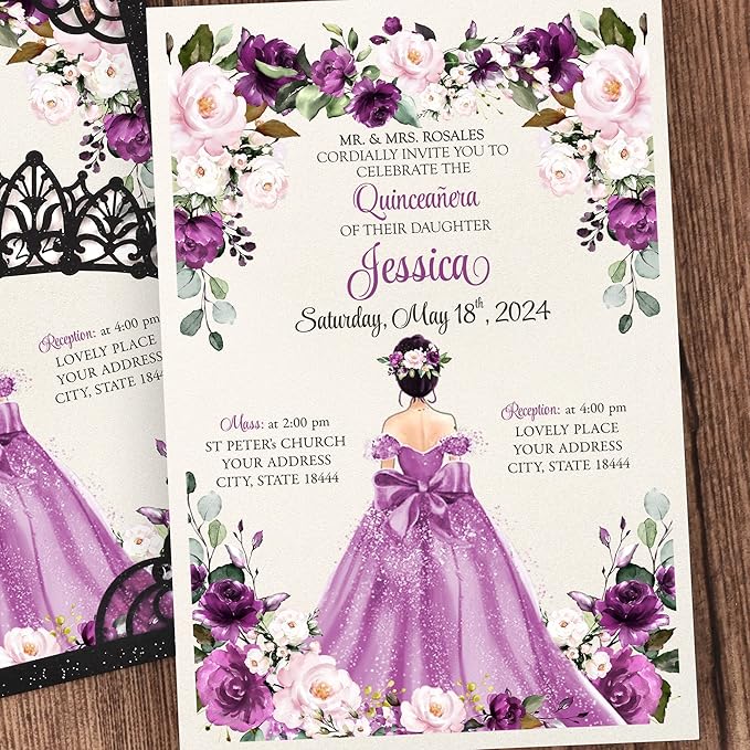 50Pcs Purple Crown Invitations for Quinceanera, 15 year, Sweet 16, Miss XV - Image 6