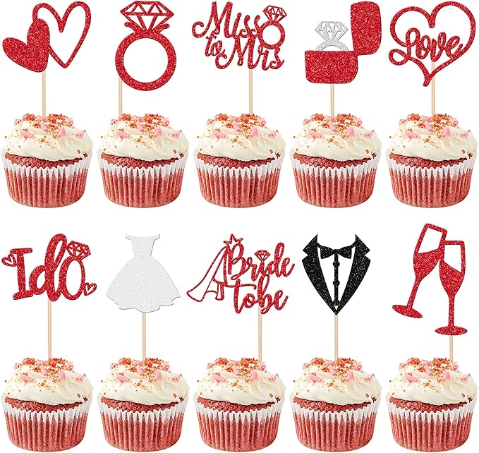 30 PCS Bride to Be Cupcake Toppers Glitter Miss to Mrs I Do Love Heart Ring by ZHUOWEISM