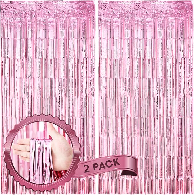 2 Pack Light Pink Foil Fringe Backdrop Curtains, Tinsel Streamers Birthday by Voircoloria