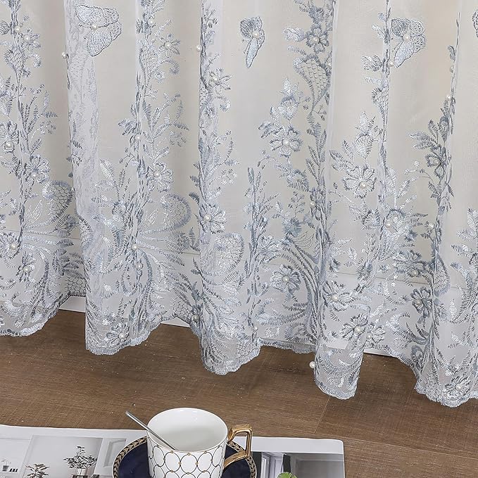 VISIONTEX White Sheer Voile Curtains, Decorative Blue Embossed Butterflies Rod - Image 4