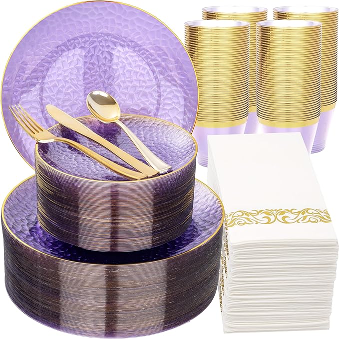Rubtlamp 350 Pcs Clear Purple Plastic Plates, Hammered Party Plates Set by Rubtlamp