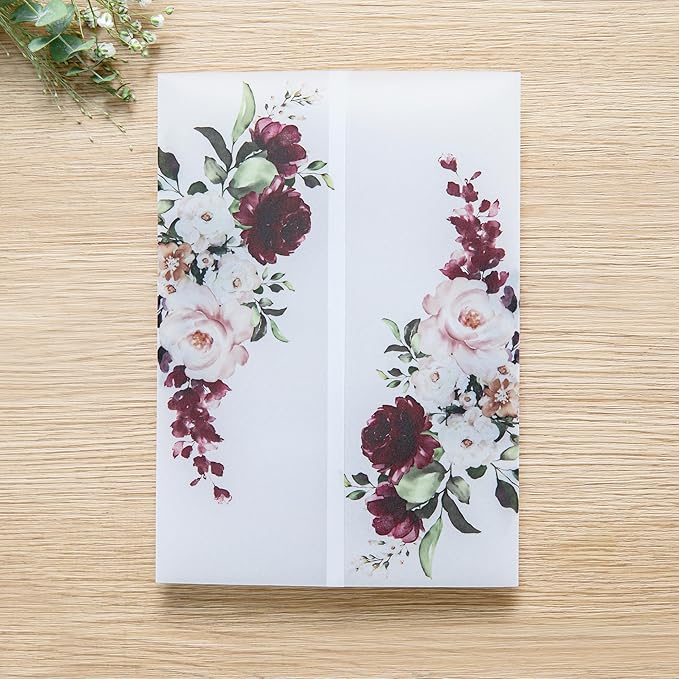 PONATIA 50 PCS Vellum Jackets for 5x7 Invitations- 135gsm Burgundy Floral - Image 9