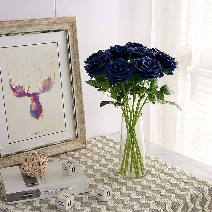 Artificial Rose 10pcs Open Flower Bouquet Navy Blue Faux Rose Stems - Image 2