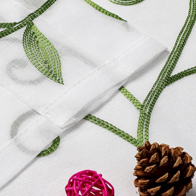 VISIONTEX Embroidered Green Sheer Voile Curtains, Leaves Embroidery Faux Linen - Image 4