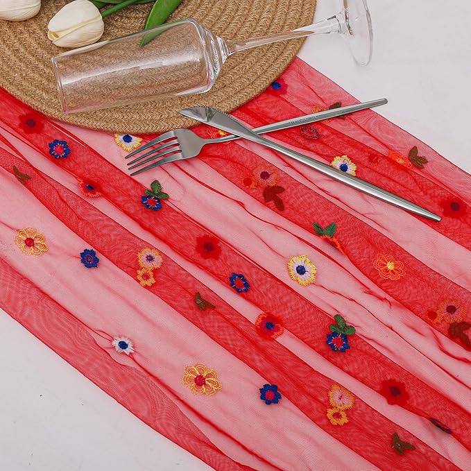 BINBE 6pcs Daisy Fall Table Runner Embroidery Gauze 10FT Florals Seasonal Tulle - Image 2