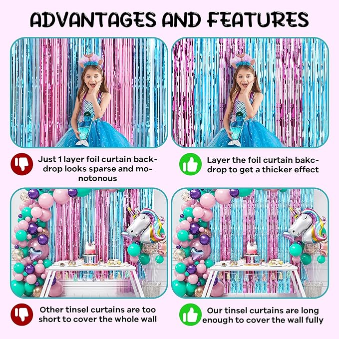 2 Pack 3.3x8.2 Feet Blue and Pink Foil Fringe Backdrop Curtains, Tinsel - Image 5