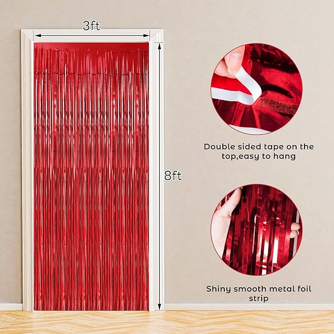 BTSD-home 10 Pack Red Foil Fringe Curtain, Metallic Photo Booth Backdrop Tinsel - Image 2