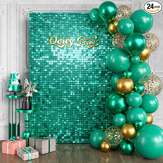 Qcity Emerald Green Shimmer Wall Backdrop 24PCS, Square Sequin Glitter Backdrop by QCITY