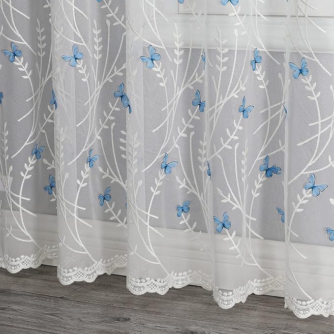 VISIONTEX White Sheer Voile Curtains, Decorative White Embossed Butterflies Rod - Image 3