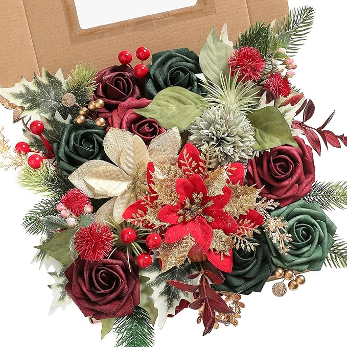 Serra Flora Artificial Christmas Flowers Greenery Combo Box Set Faux Flowers by SerraFlora