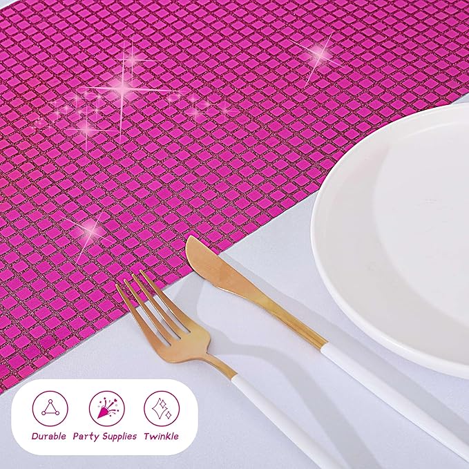Durony 4 Pack Disco Table Runner 11 x 108 Inch Mirror Hot Pink Glitter Foil - Image 5