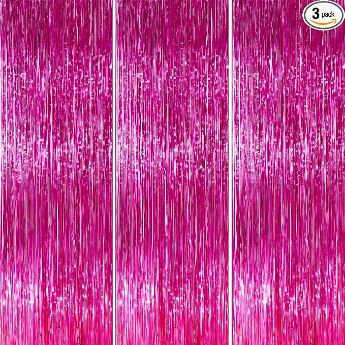 PartyWoo Hot Pink Foil Fringe Curtain Red Rose Streamers 3pcs 8.2ft Magenta by PartyWoo