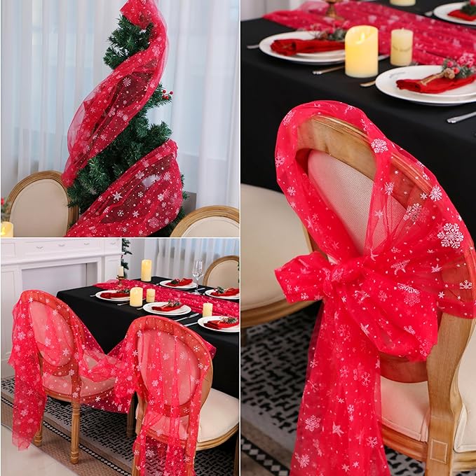 Snowkingdom Red Christmas Table Runner, Chiffon Gauze Seasonal Winter Kitchen - Image 5