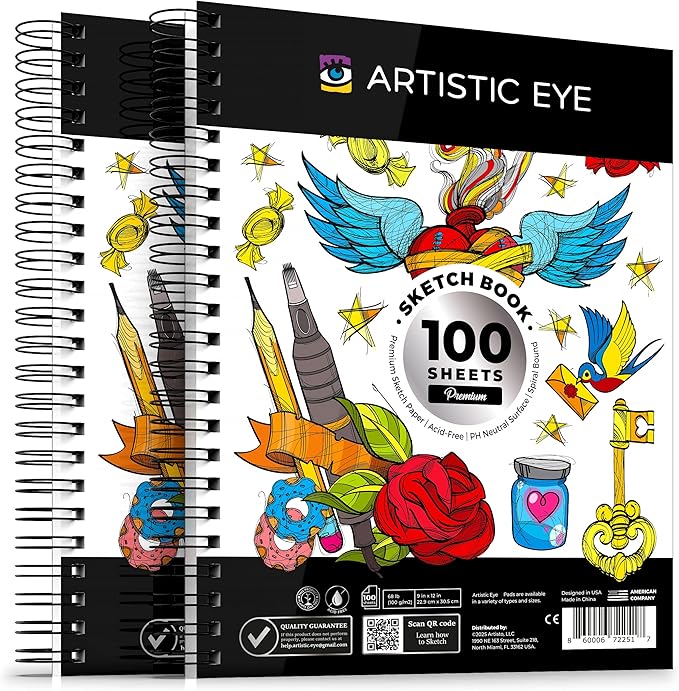 ARTISTIC EYE 9x12 Premium Sketch Book Set, 100 Sheets, Spiral Bound, Acid-Free by ARTISTICEYE