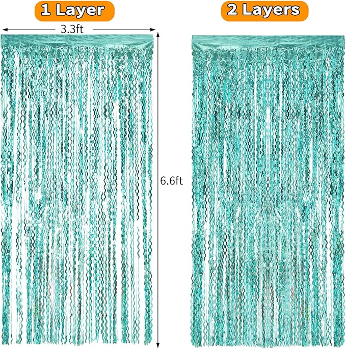 4 Pack 3.3 ft x 6.6 ft Wavy Aqua Teal Blue Tinsel Foil Fringe Curtains Backdrop - Image 6