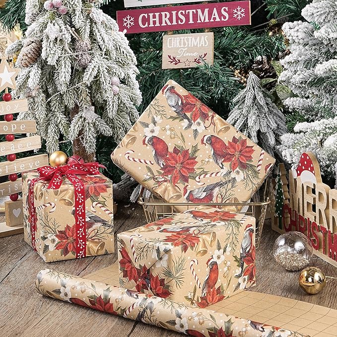 RUSPEPA Kraft Christmas Wrapping Paper Roll, Mini Roll, Cardinal Bird, - Image 4