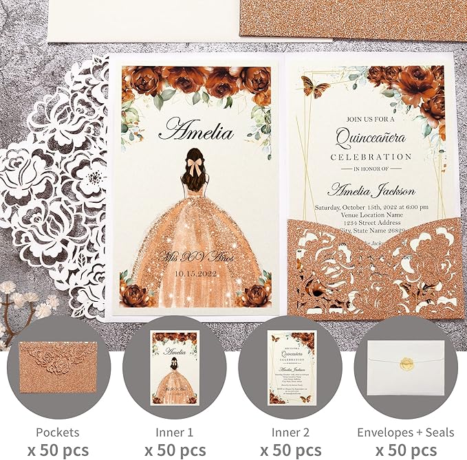 DORIS HOME 50pcs Laser Cut Quinceanera Invitations Terracotta Glitter, 4.7x7.1 - Image 4