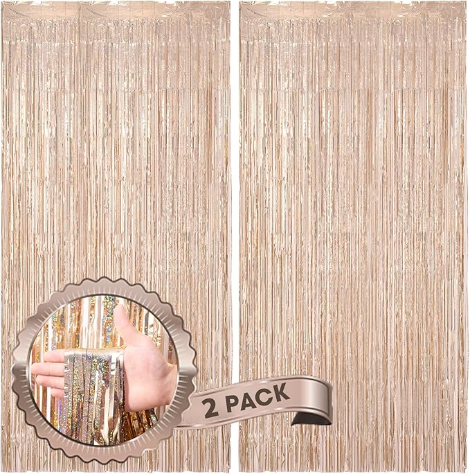 2 Pack Laser Champagne Foil Fringe Backdrop Curtains, Tinsel Streamers Birthday by Voircoloria