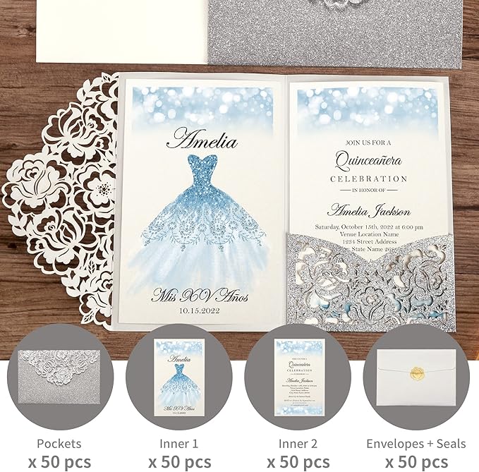 DORIS HOME 50pcs Laser Cut Quinceanera Invitations Silver Glitter, 4.7x7.1 - Image 4