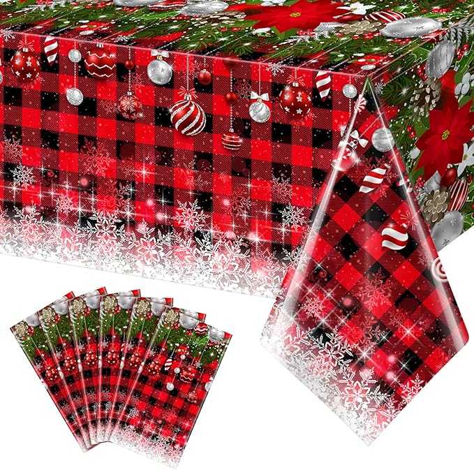 6Pcs Christmas Buffalo Plaid Snowflake Tablecloths, Plastic Red and Black by JectivsPartyDecorations