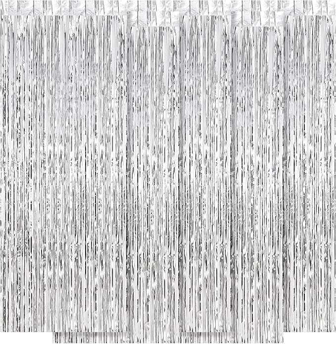 5 Pack Silver Fringe Backdrop 3.2ft x 8.2ft Silver Foil Fringe Curtains Party by Ohiyoo