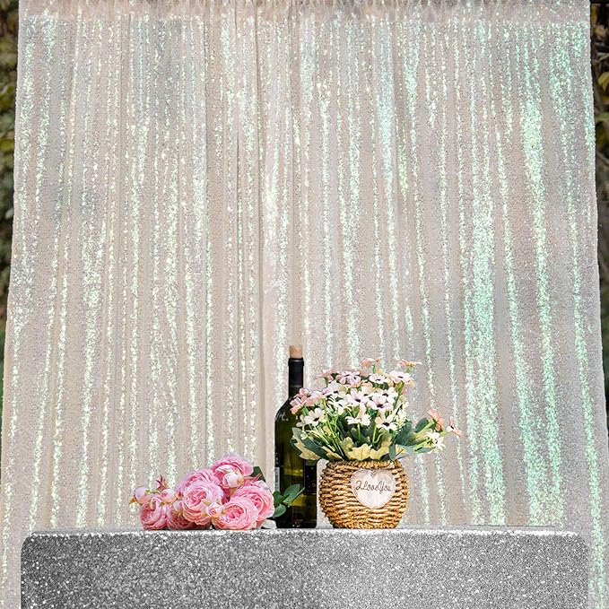 JYFLZQ White Iridescent Sequin Backdrop Curtains 2ft x 8ft 2 Panel Glitter - Image 2
