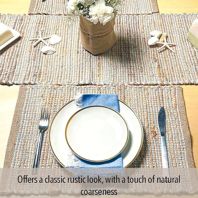 Chardin Home Natural Jute & Sky Blue-White Placemats, 13x19 in Dining Table - Image 2