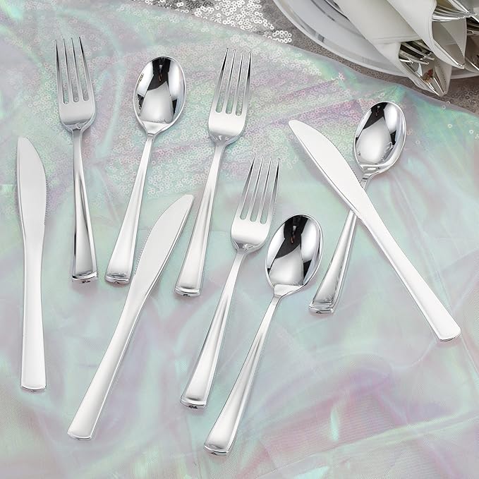 50 Pack Pre Rolled Silver Plastic Silverware Set, Disposable Wrapped Plastic - Image 6