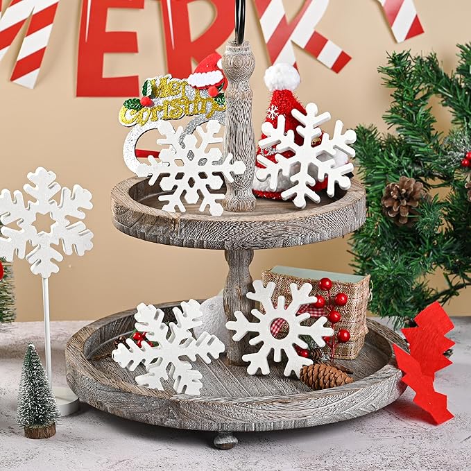 5 Pcs Wooden Christmas Snowflake Sign Winter White Glitter Snowflake - Image 5