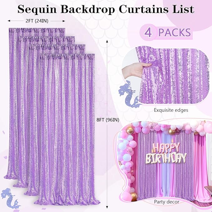 Lavender Sequin Backdrop Drapes 4 Panels 2FTx8FT Glitter Backdrop Curtains - Image 5