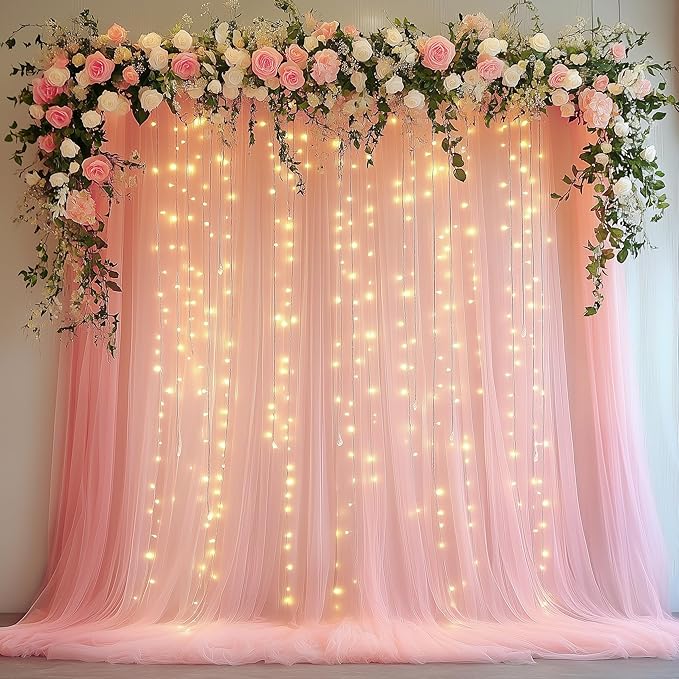 Tulle Backdrop Curtain with Lights String 10FT X 10FT Peach Sheer Tulle by Xiomot