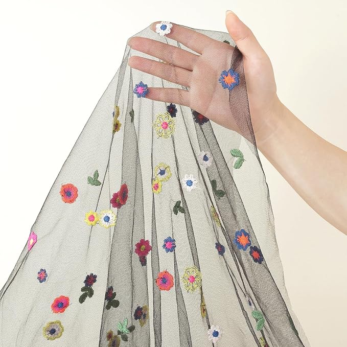 Black Embroidery Daisy Fall Table Runner 120Inch 10FT Florals Soft Sheer Tulle - Image 6