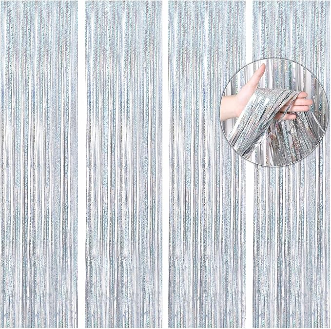 BTSD-home 4 Pack Laser Silver Foil Fringe Curtain Holographic, Metallic Photo by BTSD-home