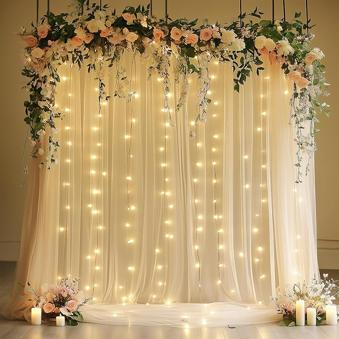 Tulle Backdrop Curtain with Lights String 10FT X 10FT Champagne Sheer Tulle by Xiomot