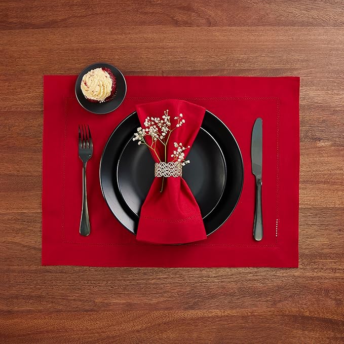 Cotton Linen Placemats Set of 4 – Hemstitch Red Cloth Placemats 14 x 19 Inch – - Image 2