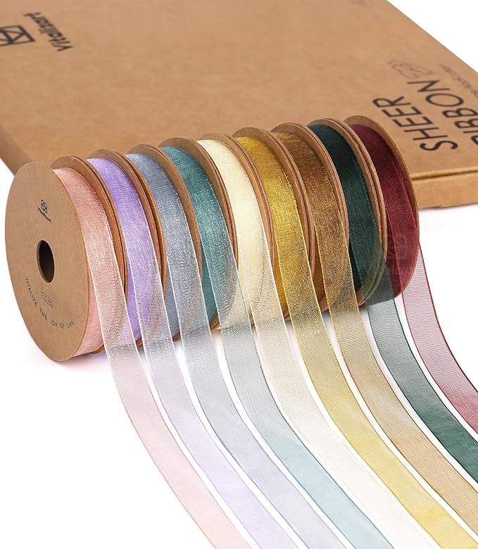 Vitalizart 3/8" x 90 Yards Organza Ribbon Set 9 Rolls x 10 Yd Sheer Ribbon by Vitalizart