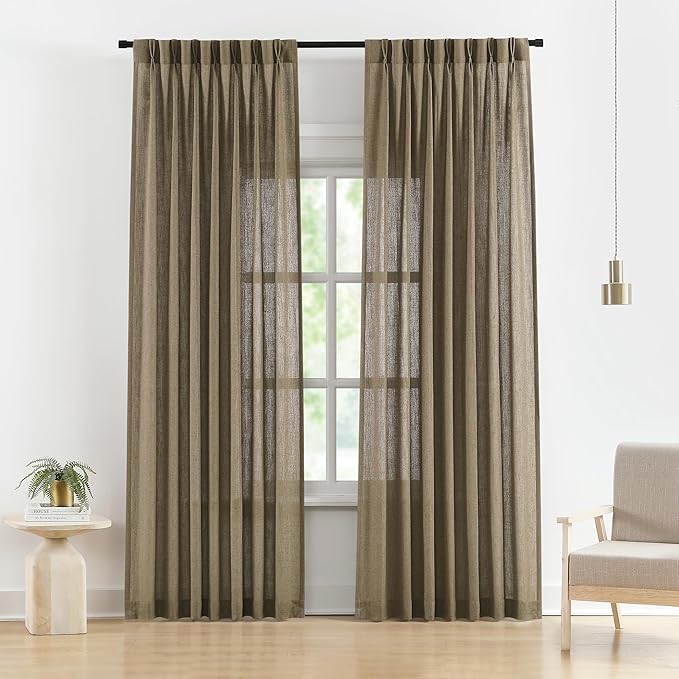 Vision Home Brown Pinch Pleated Semi Sheer Curtains Textured Linen Blended - Image 7
