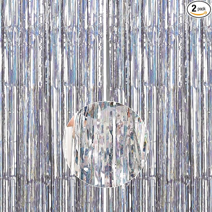 PartyWoo Foil Fringe Curtains Silver, Fringe Backdrop, Tinsel Backdrop by PartyWoo